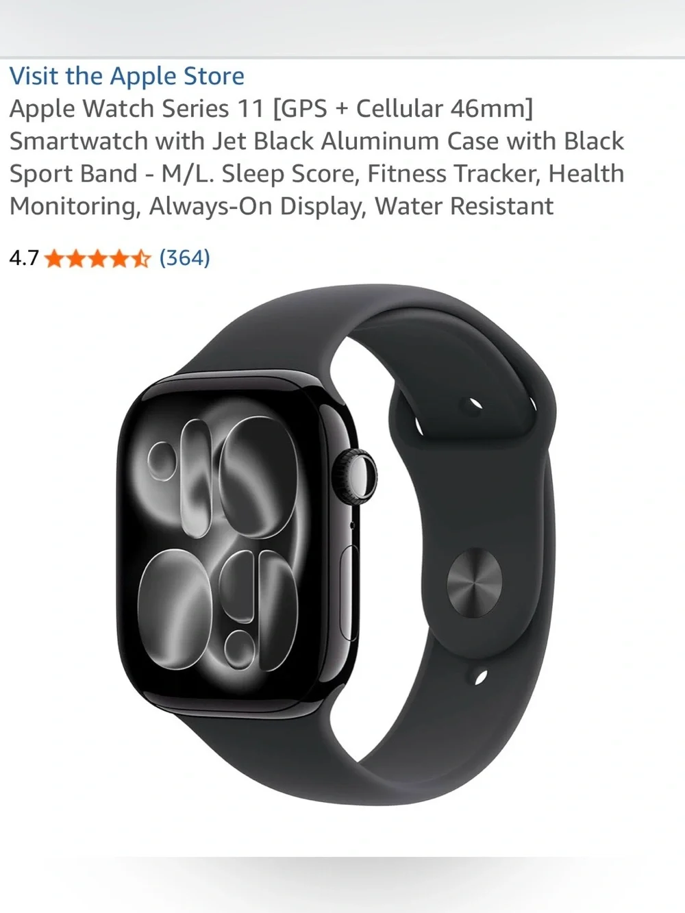 Apple Watch (46mm) Jet Black Aluminum Case with Black Sport Band